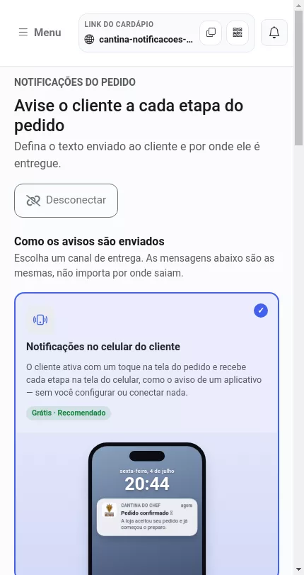 Escolha do canal de envio das notificações do pedido no Menuz