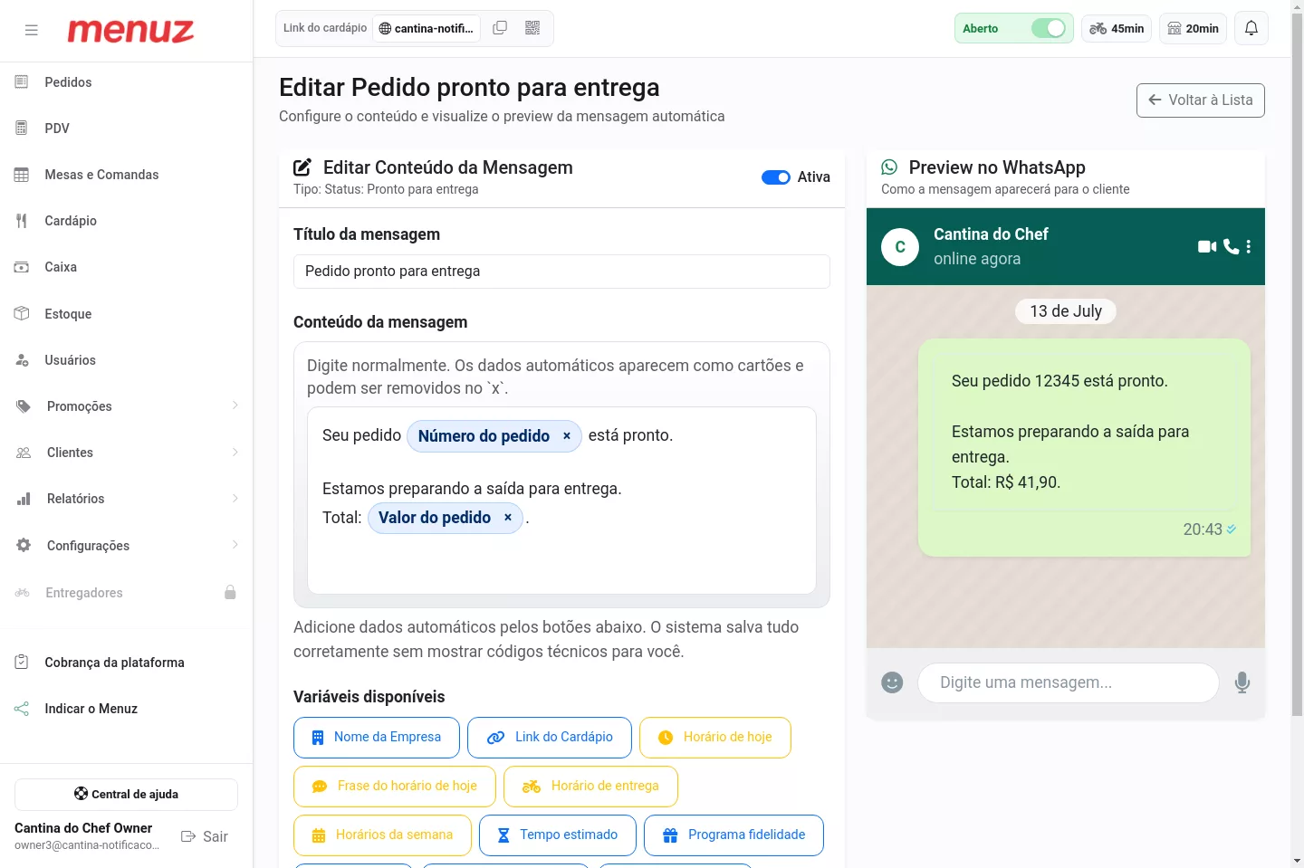 Edição de uma mensagem automática no Menuz