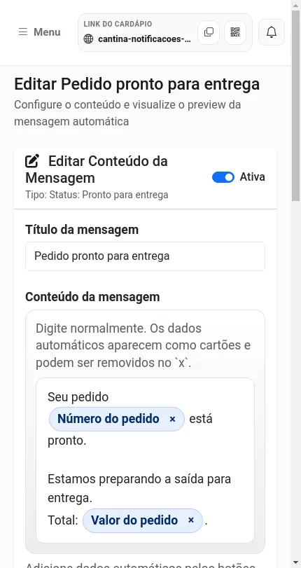 Edição de uma mensagem automática no Menuz
