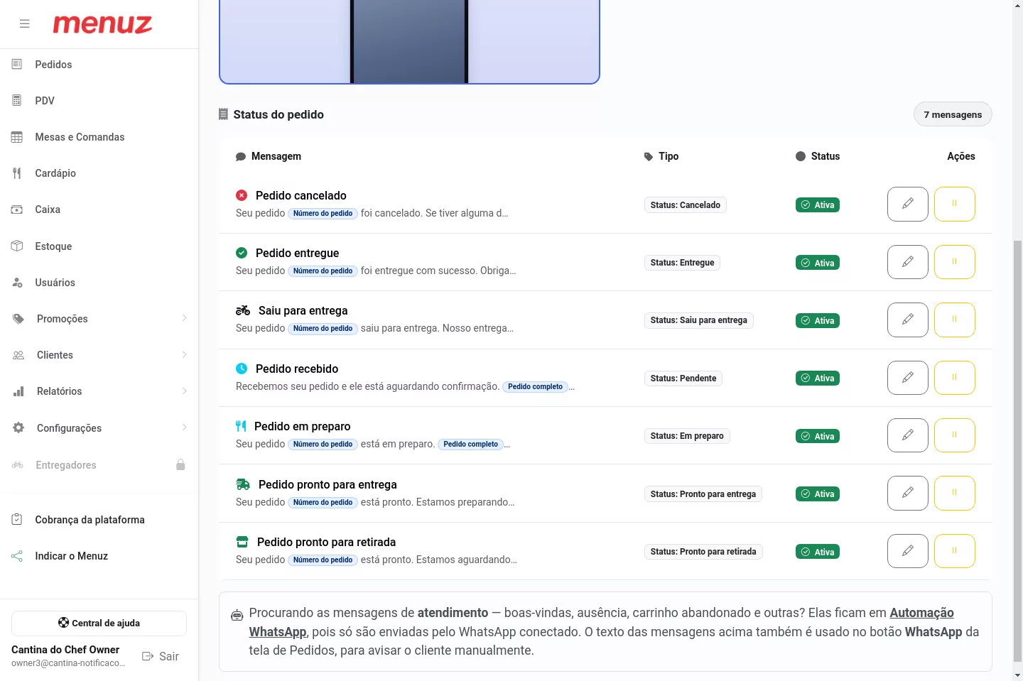 Lista dos avisos de status do pedido no Menuz