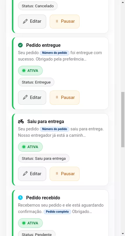 Lista dos avisos de status do pedido no Menuz