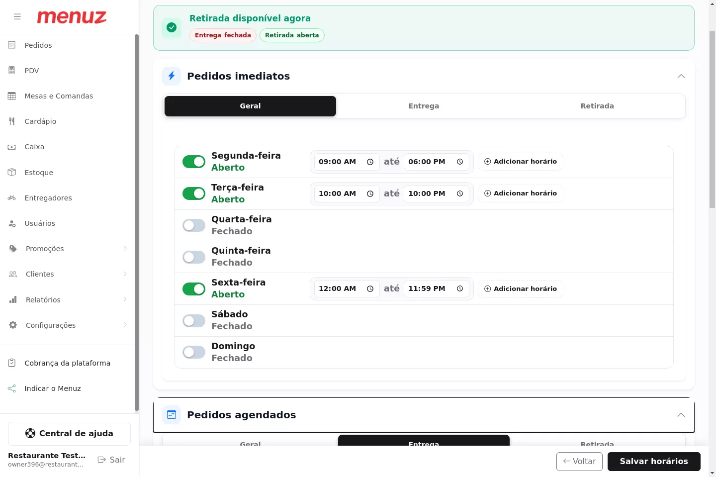Configuração de horários agendados por tipo no Menuz