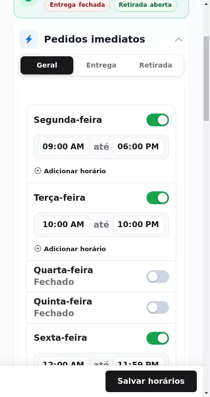 Configuração de horários agendados por tipo no Menuz