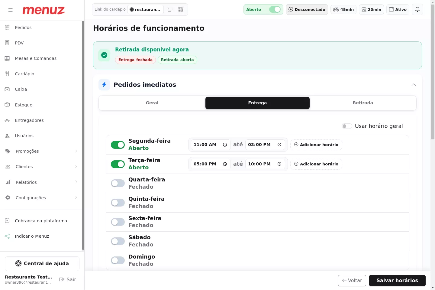 Horários por tipo de atendimento no Menuz