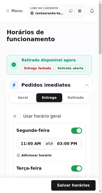 Horários por tipo de atendimento no Menuz