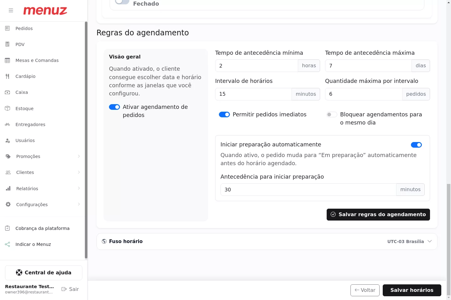 Regras do agendamento no Menuz