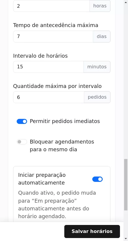 Regras do agendamento no Menuz