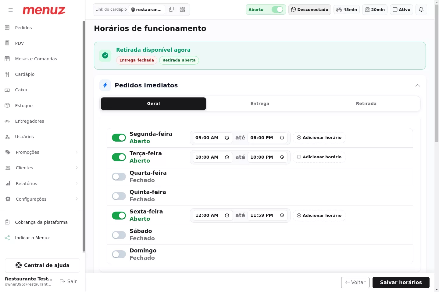 Visão geral da tela de horários de funcionamento no Menuz