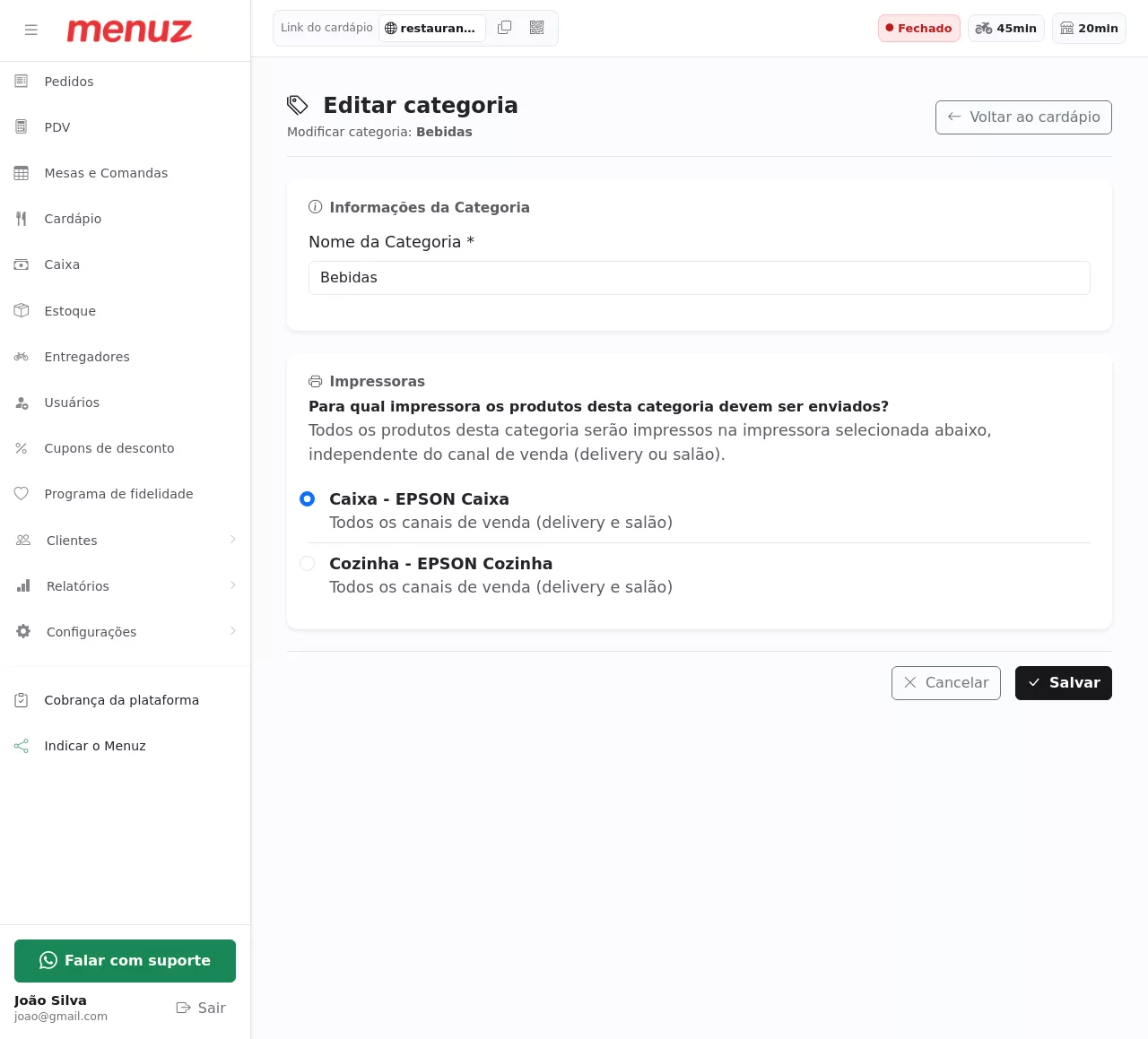 Configuração de impressora por categoria