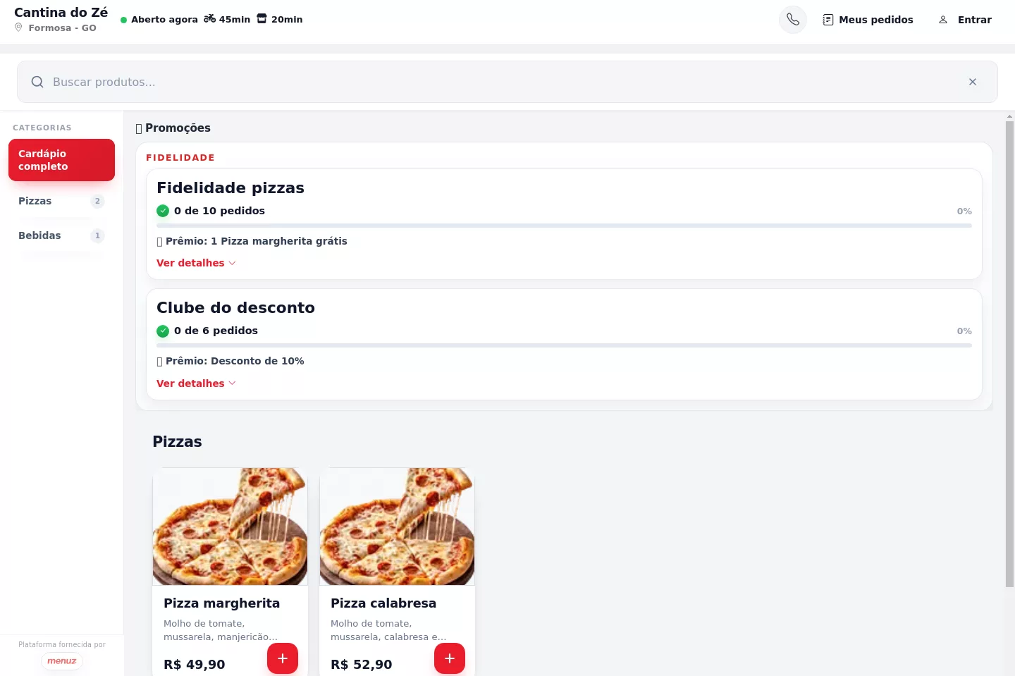 Cartão de fidelidade visto pelo cliente no cardápio