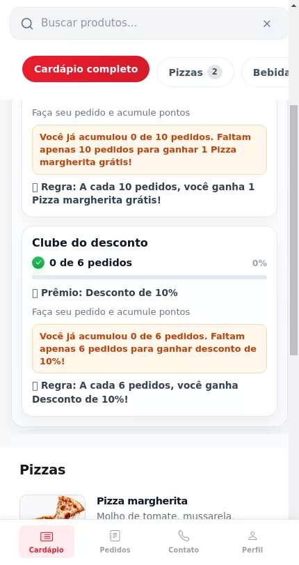 Cartão de fidelidade visto pelo cliente no cardápio