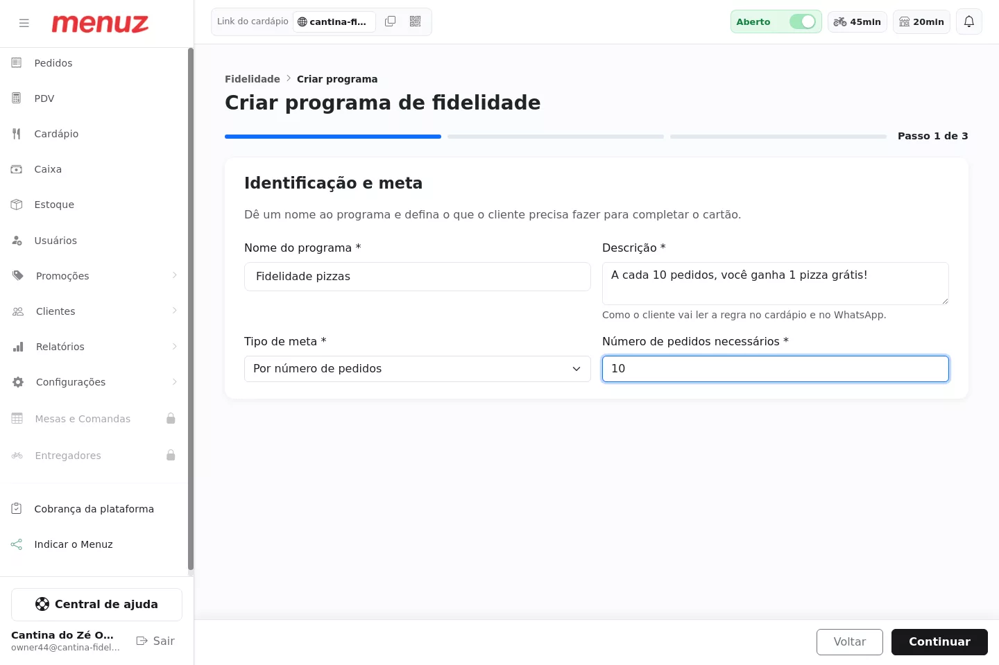 Configuração da meta do programa de fidelidade