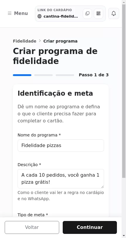 Configuração da meta do programa de fidelidade