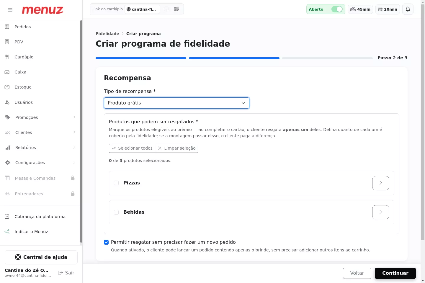 Configuração da recompensa do programa de fidelidade