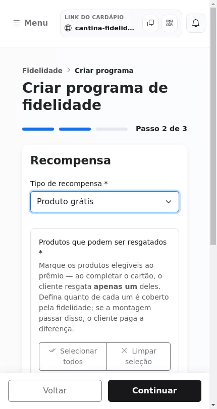 Configuração da recompensa do programa de fidelidade