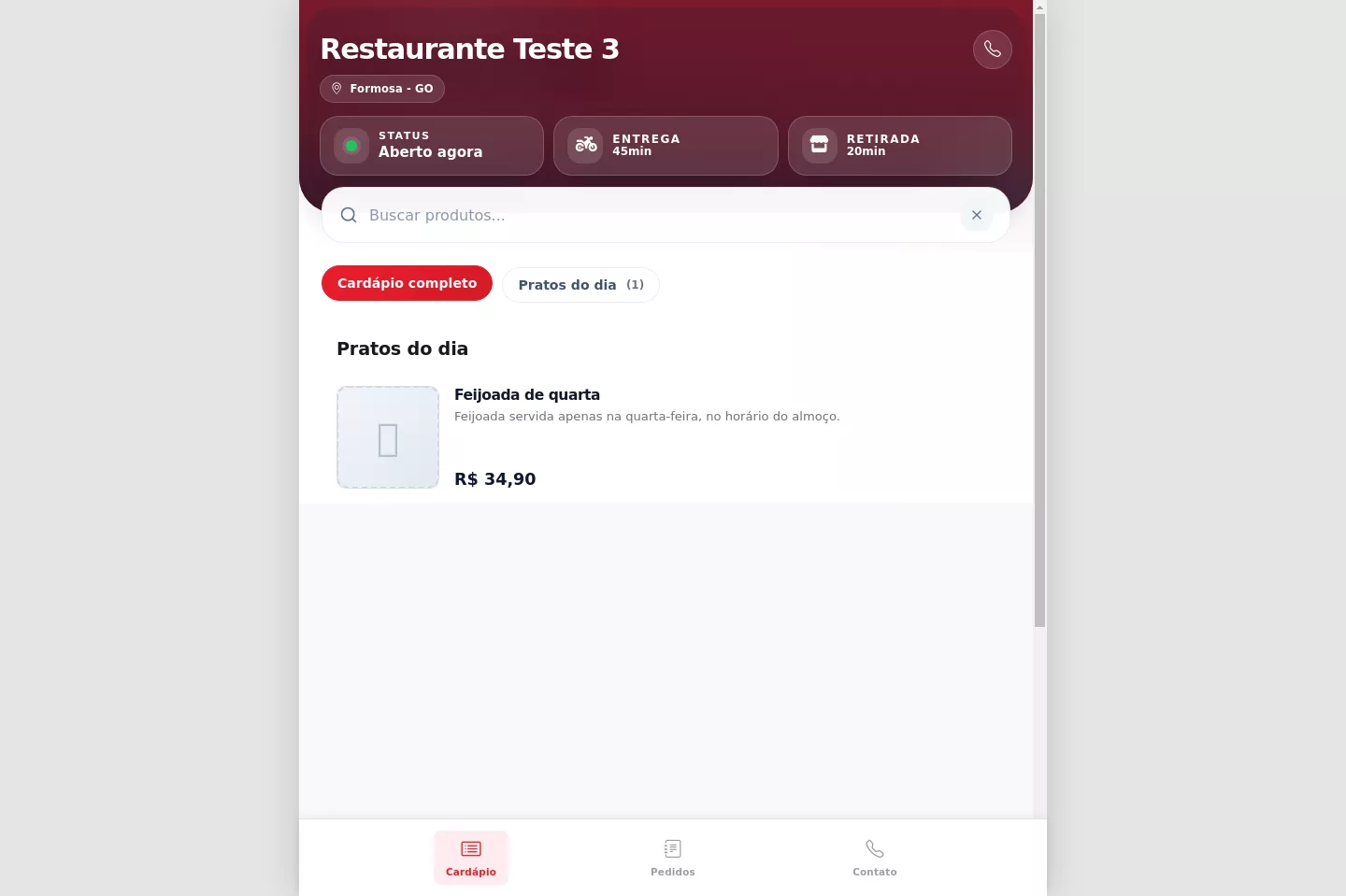 Produto agendado disponível apenas no dia correto no cardápio digital do Menuz