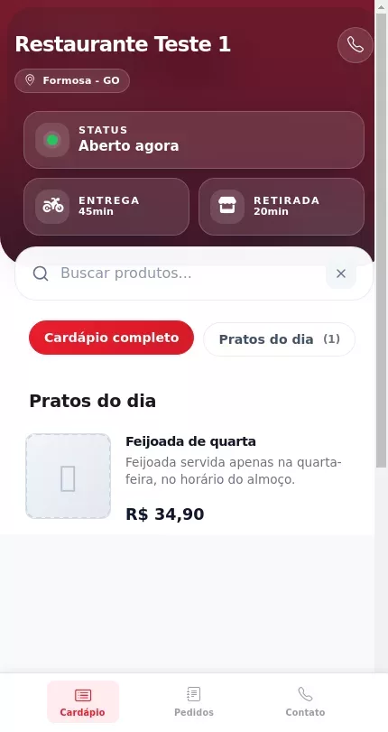 Produto agendado disponível apenas no dia correto no cardápio digital do Menuz
