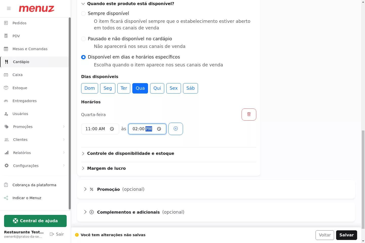 Configuração dos horários do produto agendado no Menuz