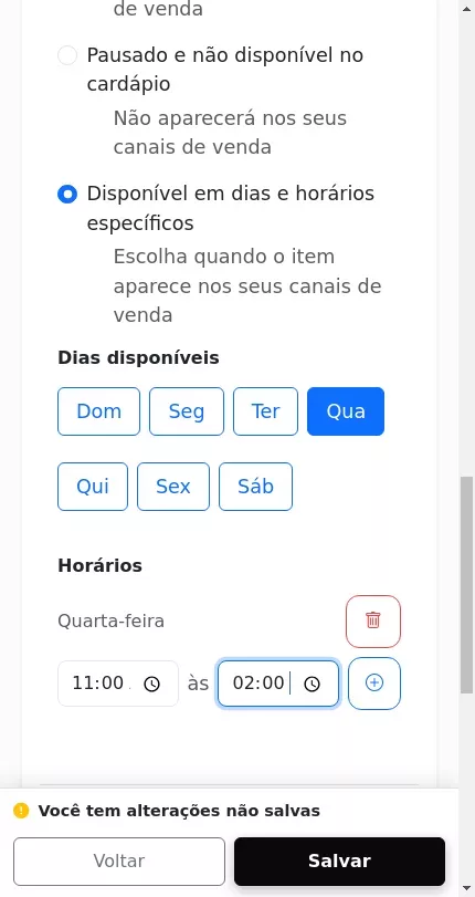 Configuração dos horários do produto agendado no Menuz