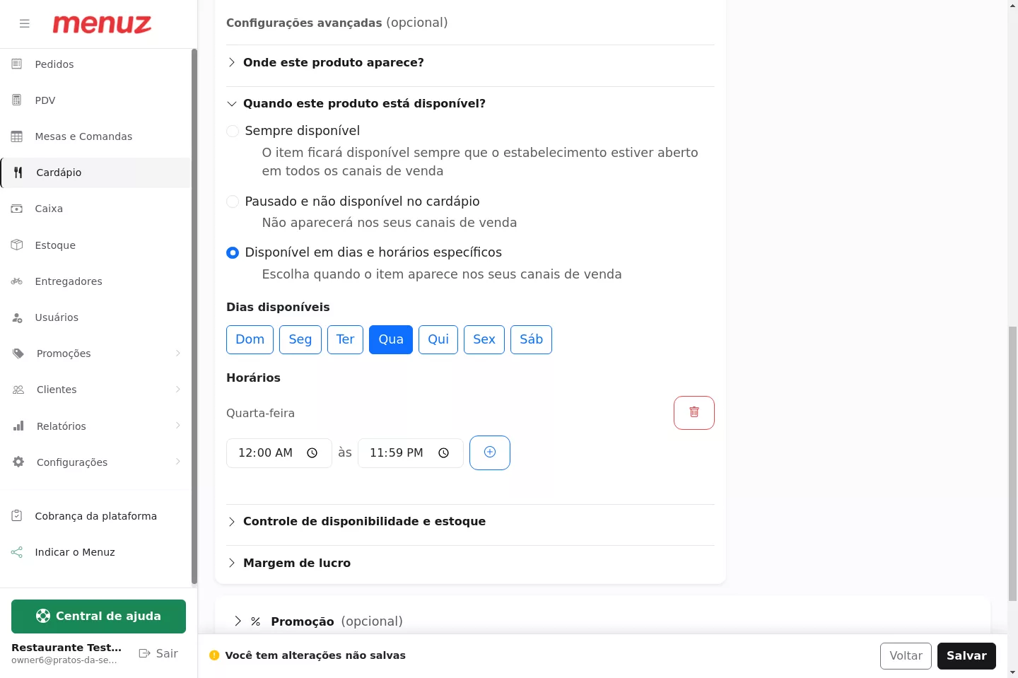 Seleção dos dias da semana para o produto agendado no Menuz