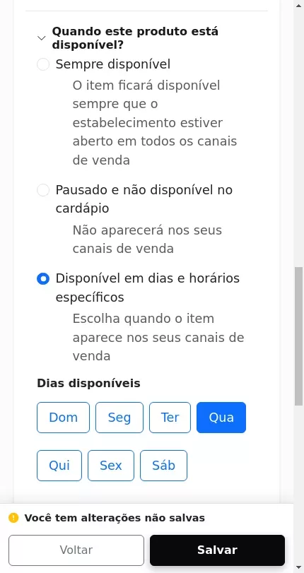 Seleção dos dias da semana para o produto agendado no Menuz