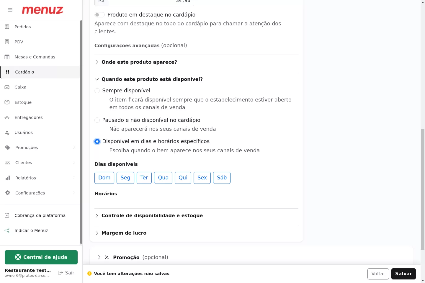 Seção de disponibilidade do produto no Menuz