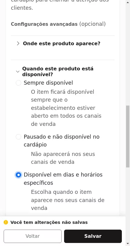 Seção de disponibilidade do produto no Menuz