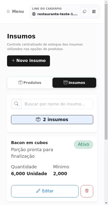 Lista de insumos cadastrados