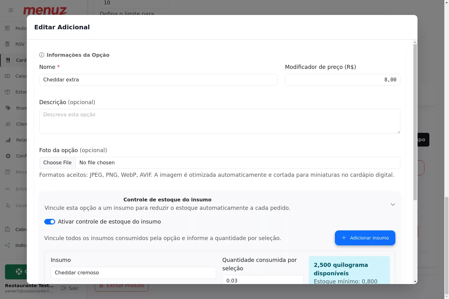 Ativação do controle de insumo na opção do produto