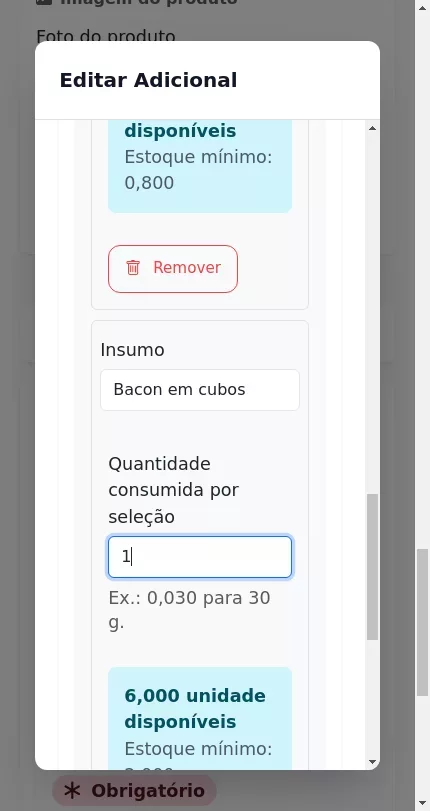 Dois insumos vinculados à mesma opção do produto