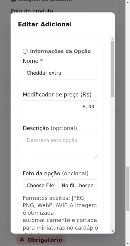 Ativação do controle de insumo na opção do produto