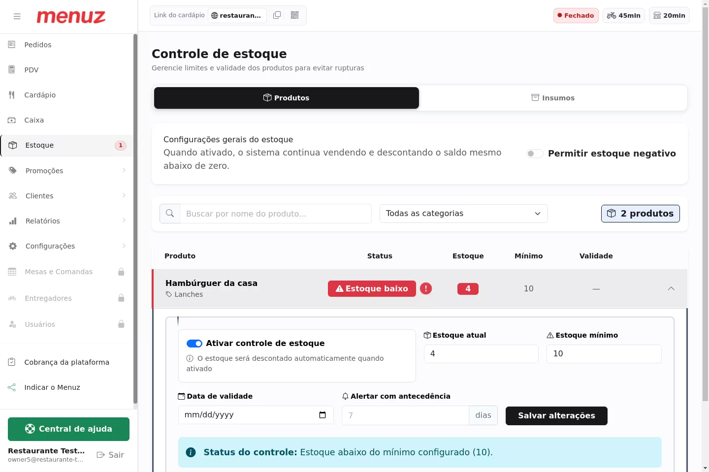 Tela de controle de estoque dos produtos