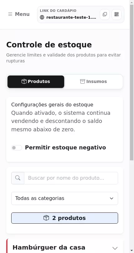 Tela de controle de estoque dos produtos