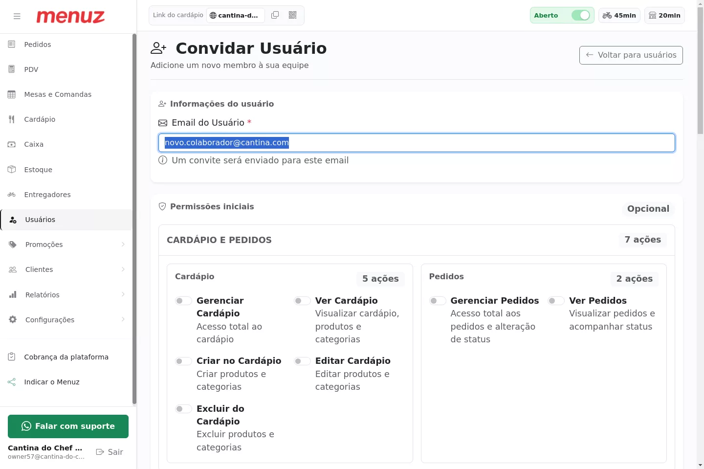 Formulário de convite de usuário
