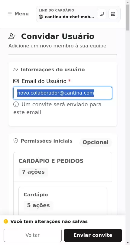 Formulário de convite de usuário
