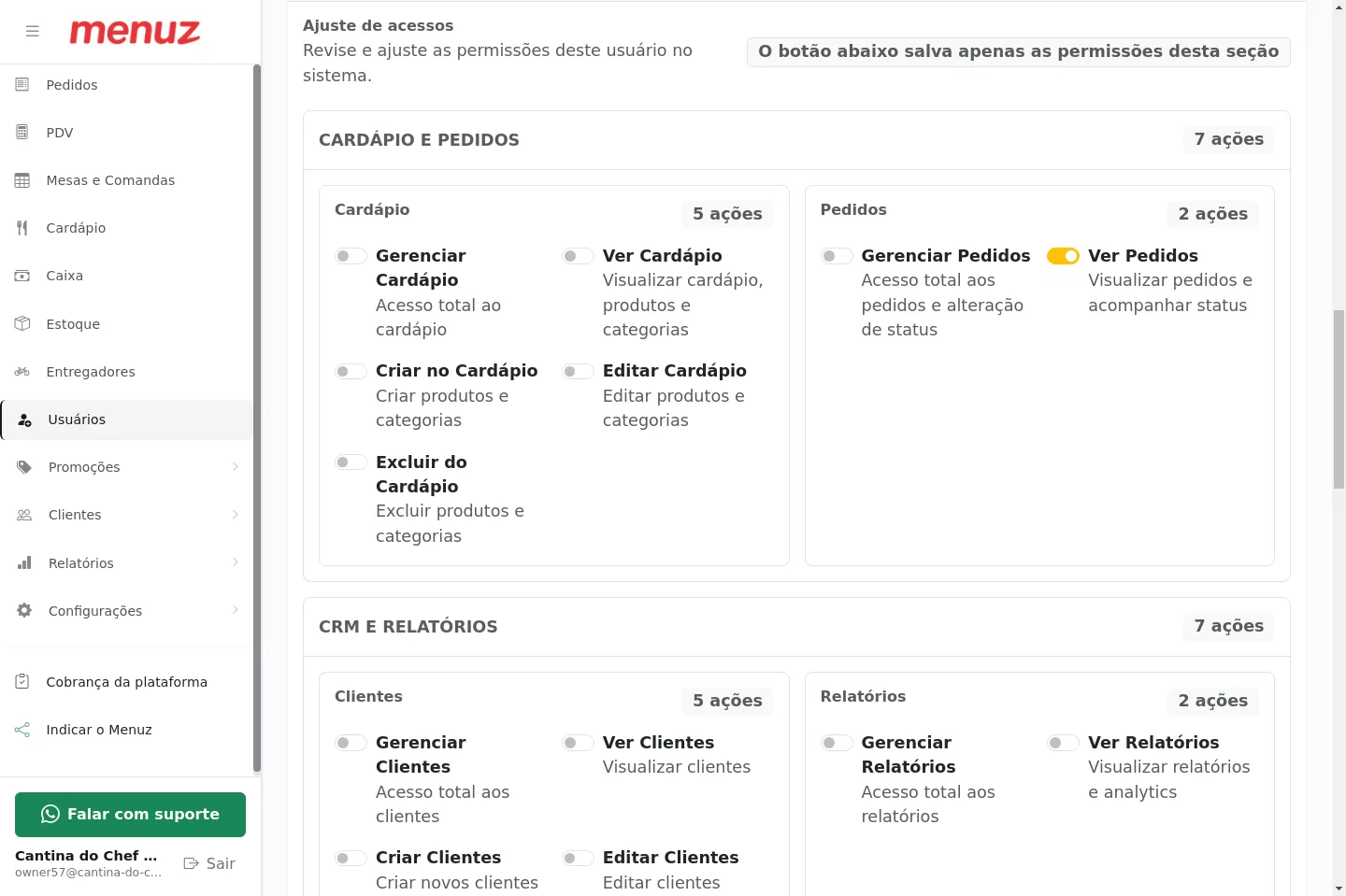 Configuração de permissões do usuário