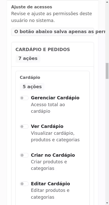 Configuração de permissões do usuário