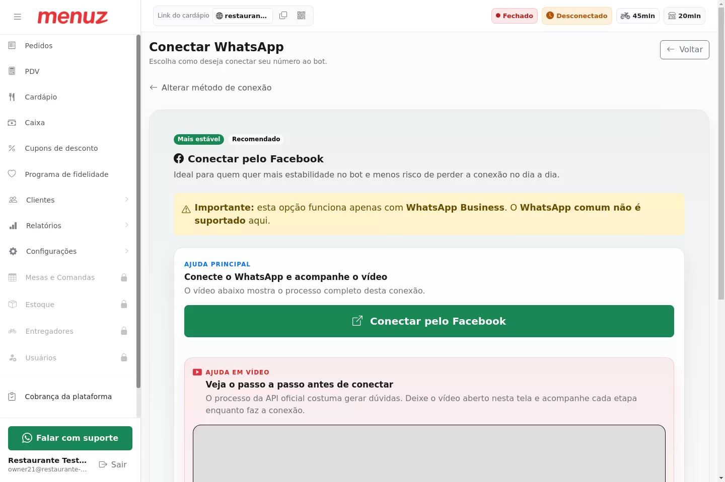 Conexão do WhatsApp pelo Facebook no Menuz