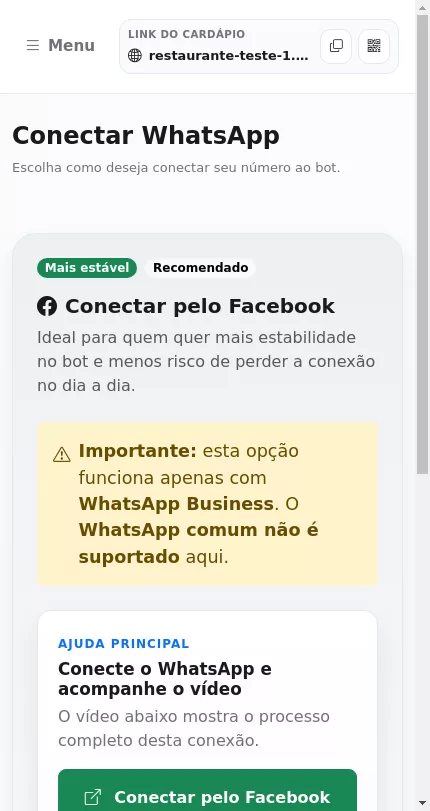 Conexão do WhatsApp pelo Facebook no Menuz