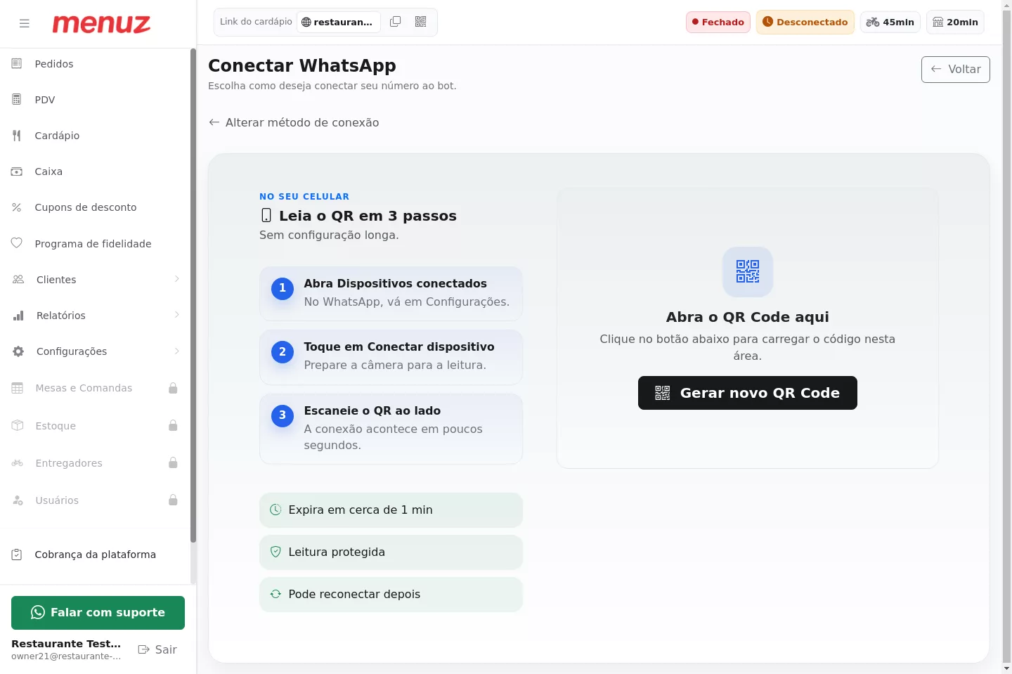 Conexão do WhatsApp por QR Code direto no Menuz
