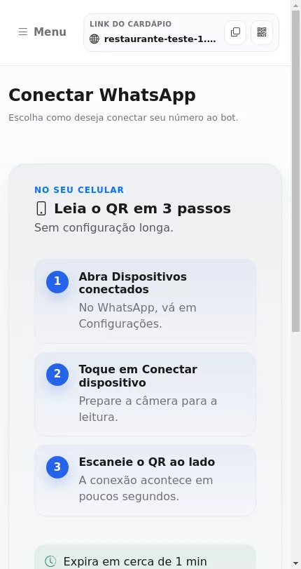 Conexão do WhatsApp por QR Code direto no Menuz