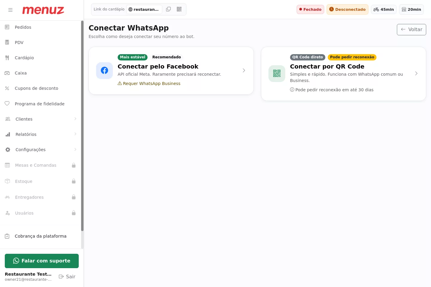 Escolha do método de conexão do WhatsApp no Menuz