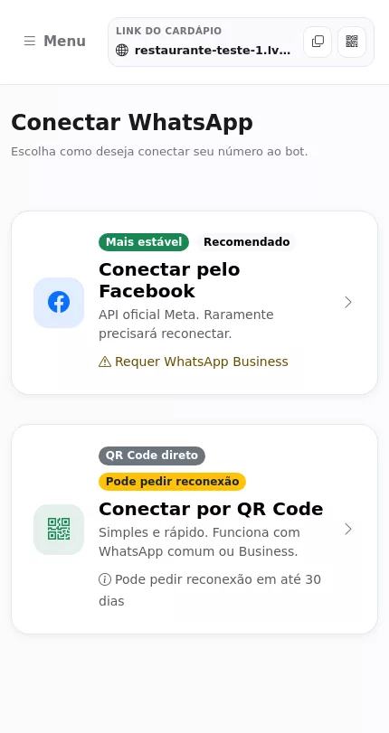 Escolha do método de conexão do WhatsApp no Menuz