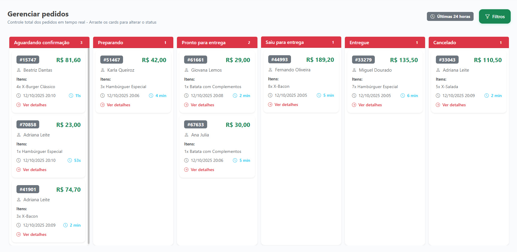 Dashboard com pedidos organizados por status