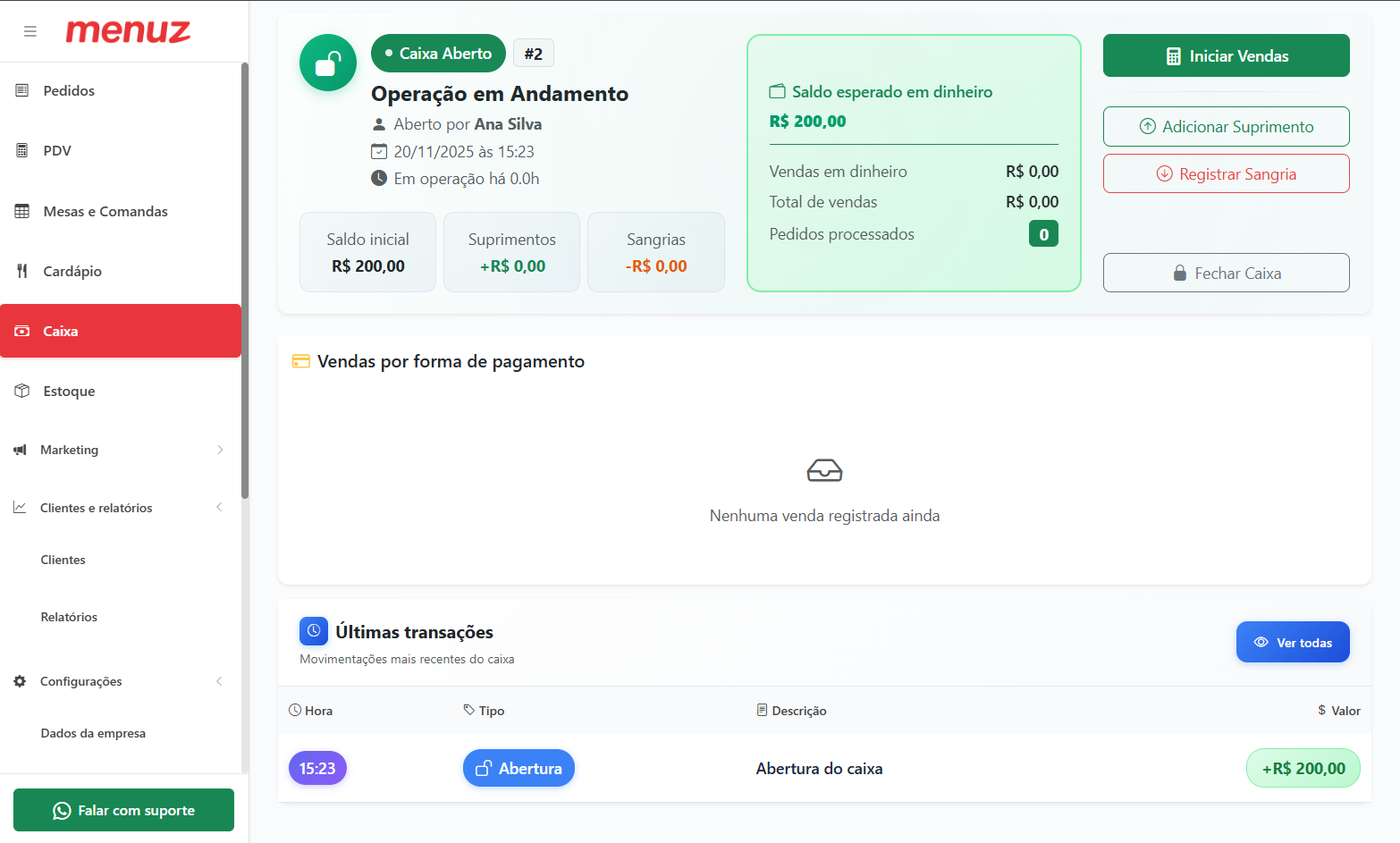 Tela de registro de movimentações de caixa