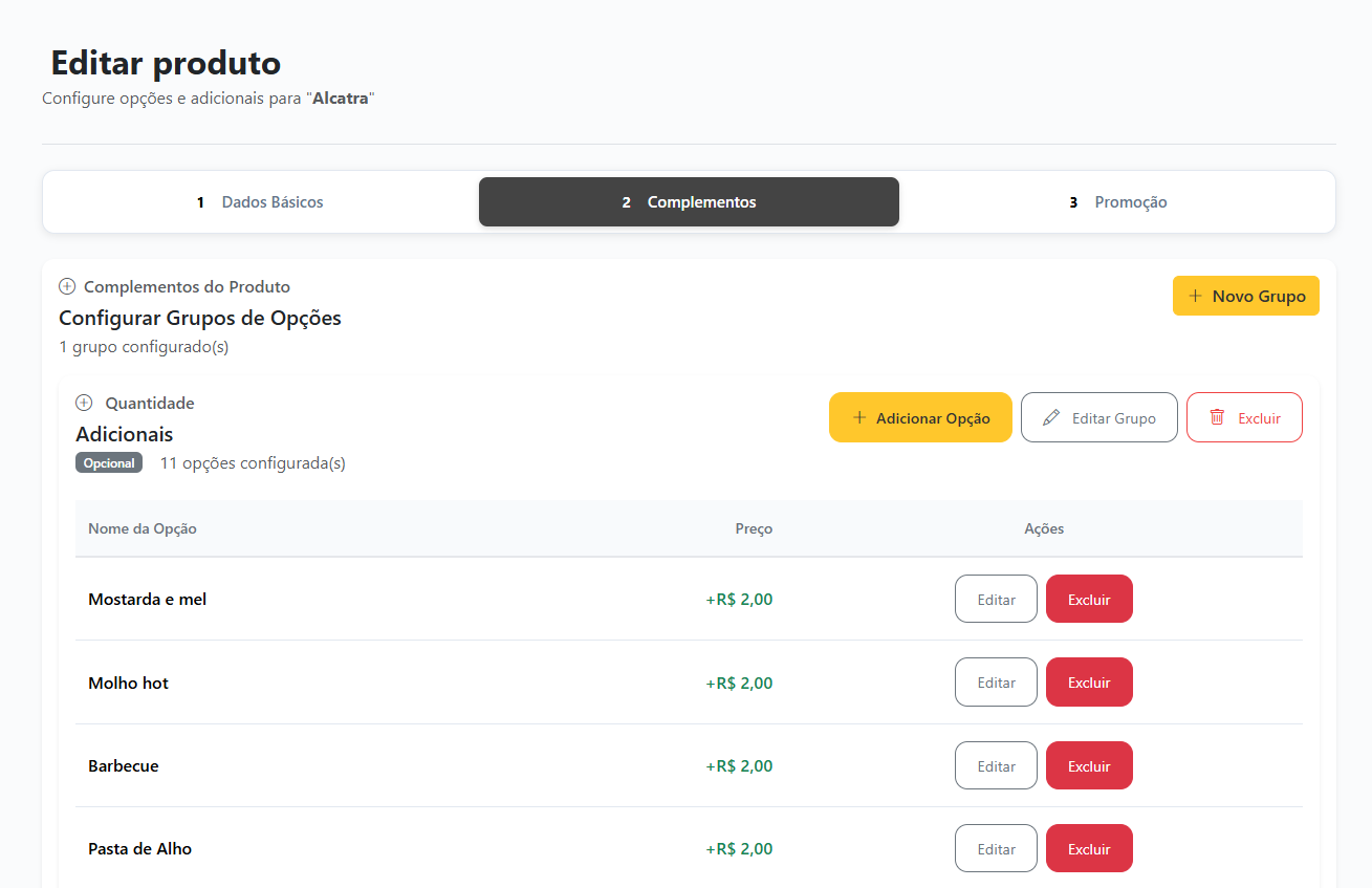 Configuração de opcionais e variações de produtos